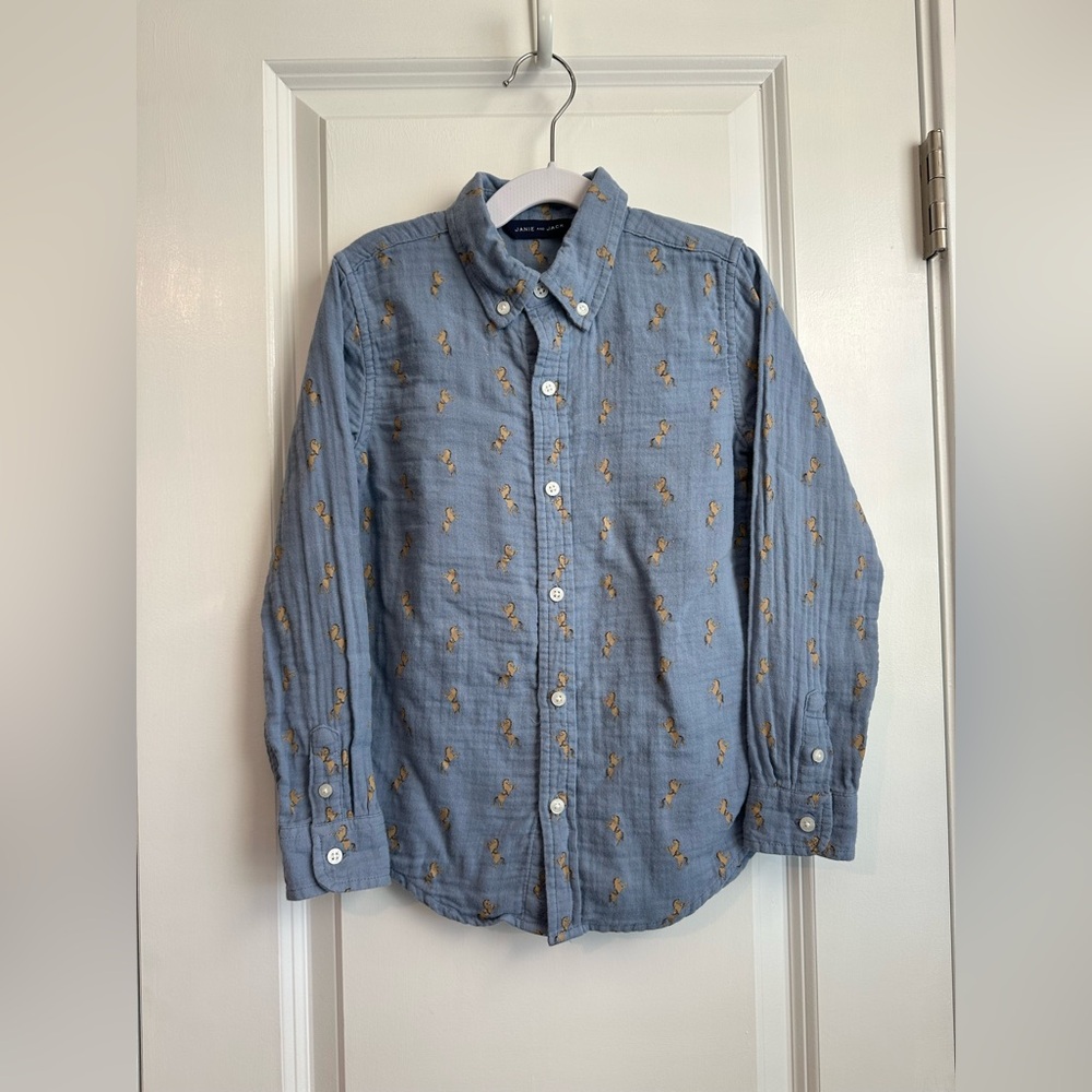 Janie and Jack Boys Horse Print Cotton Button Down Shirt Blue Size 6